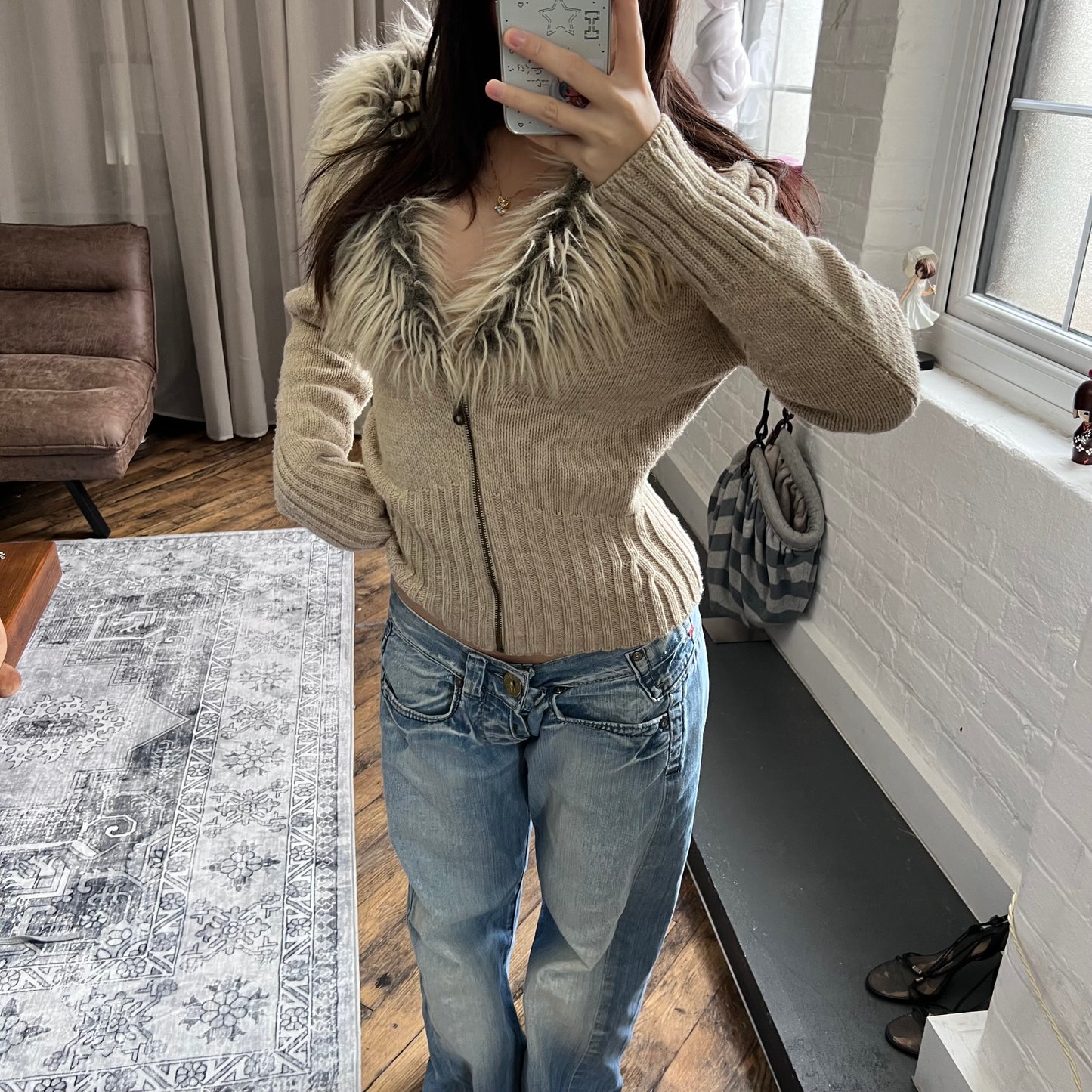 morgan de toi beige fur collar wool blend knit zip cardigan jacet