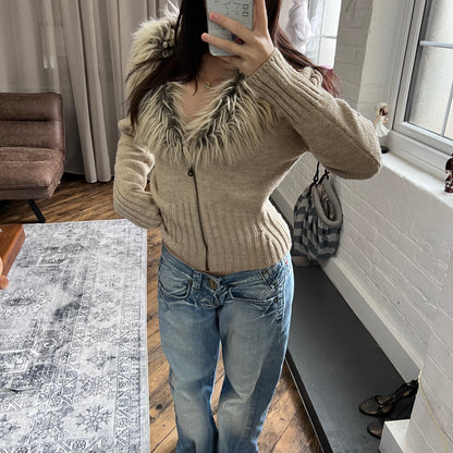 morgan de toi beige fur collar wool blend knit zip cardigan jacet