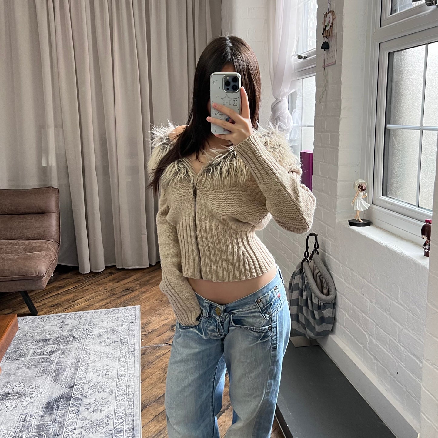 morgan de toi beige fur collar wool blend knit zip cardigan jacet