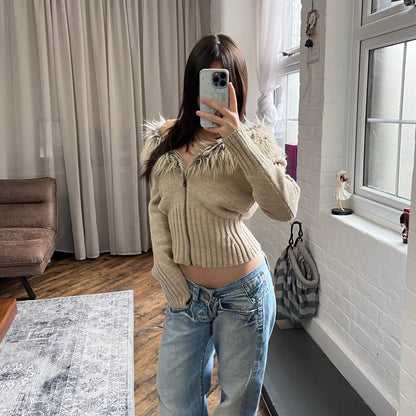 morgan de toi beige fur collar wool blend knit zip cardigan jacet