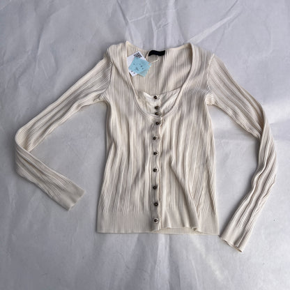 IKKS Cream Beige Ribbed Fitted Layered Brass Button Faux Cardigan Top