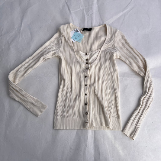 IKKS Cream Beige Ribbed Fitted Layered Brass Button Faux Cardigan Top