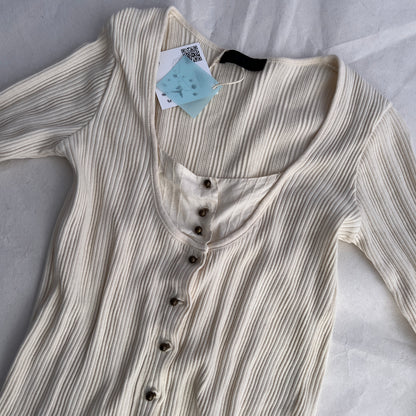 IKKS Cream Beige Ribbed Fitted Layered Brass Button Faux Cardigan Top