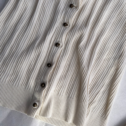 IKKS Cream Beige Ribbed Fitted Layered Brass Button Faux Cardigan Top