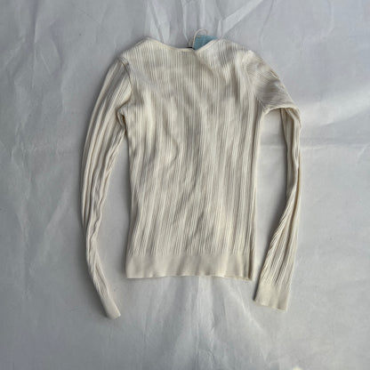 IKKS Cream Beige Ribbed Fitted Layered Brass Button Faux Cardigan Top