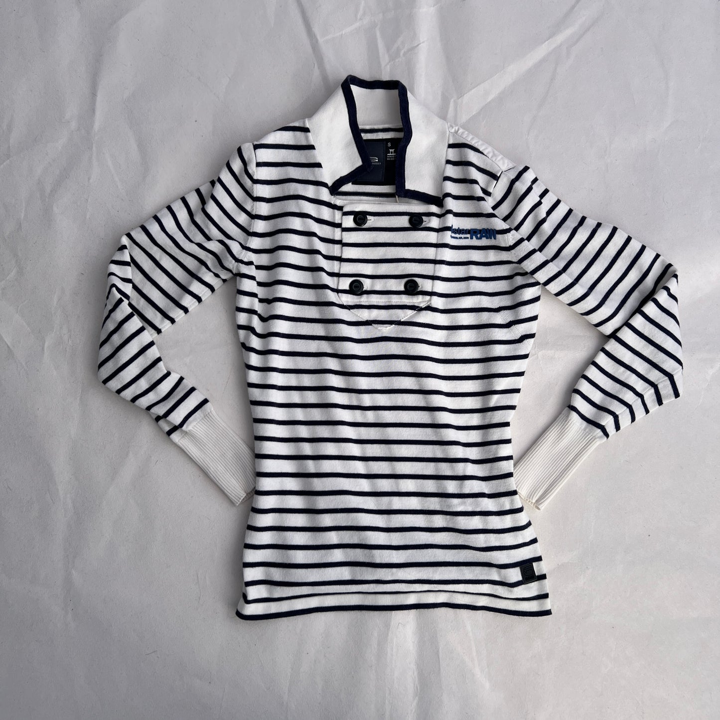 G-star Raw Preppy White Blue Collared Sailor Button Striped Long Sleeve Top