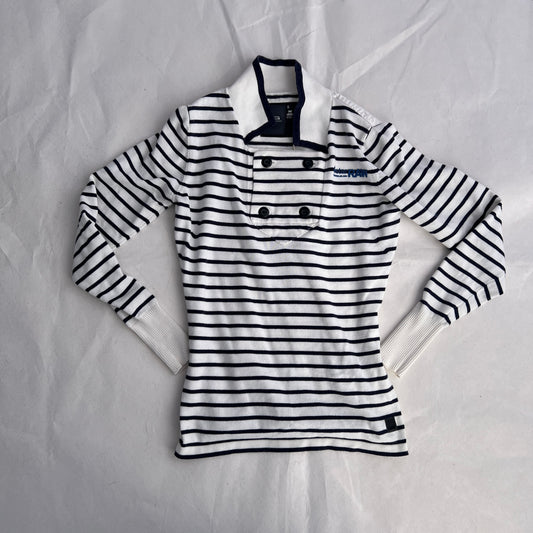 G-star Raw Preppy White Blue Collared Sailor Button Striped Long Sleeve Top
