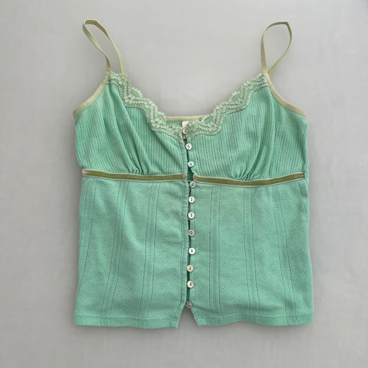 Camieu Mint Green Lace Trim Picot Lace Button Camisole
