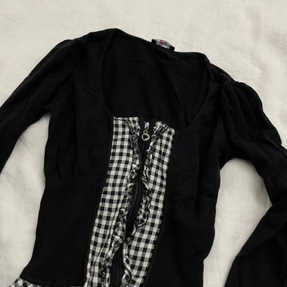morgan dark academia black gingham ruffle hem long sleeve zip top