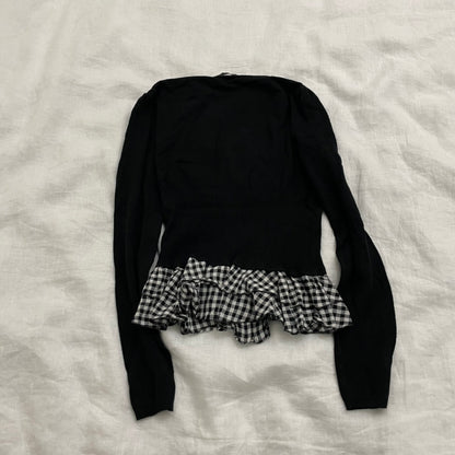 morgan dark academia black gingham ruffle hem long sleeve zip top