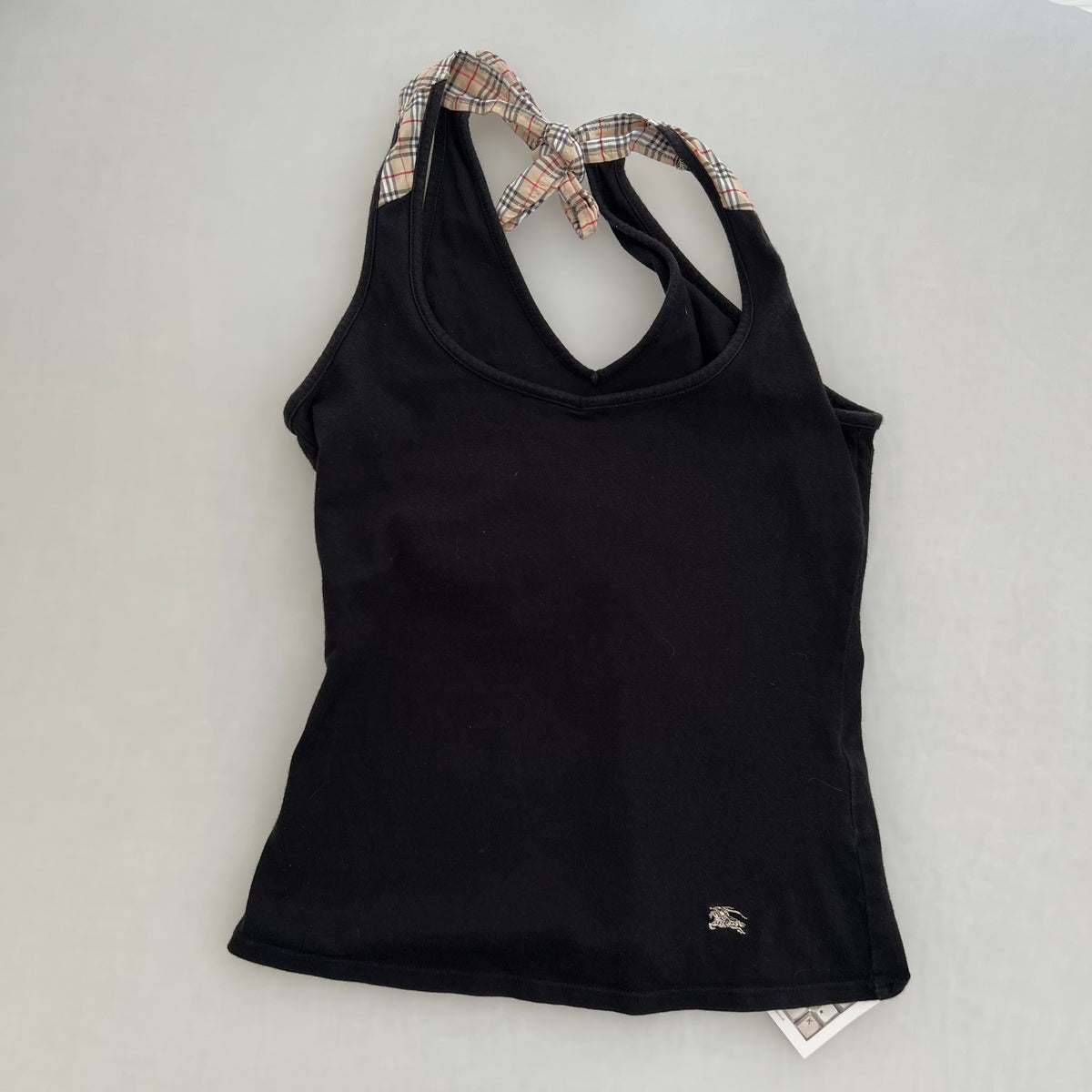 Black Burberry Blue Label Ruched Bust Halter Neck Ribbon Fitted Tank Top