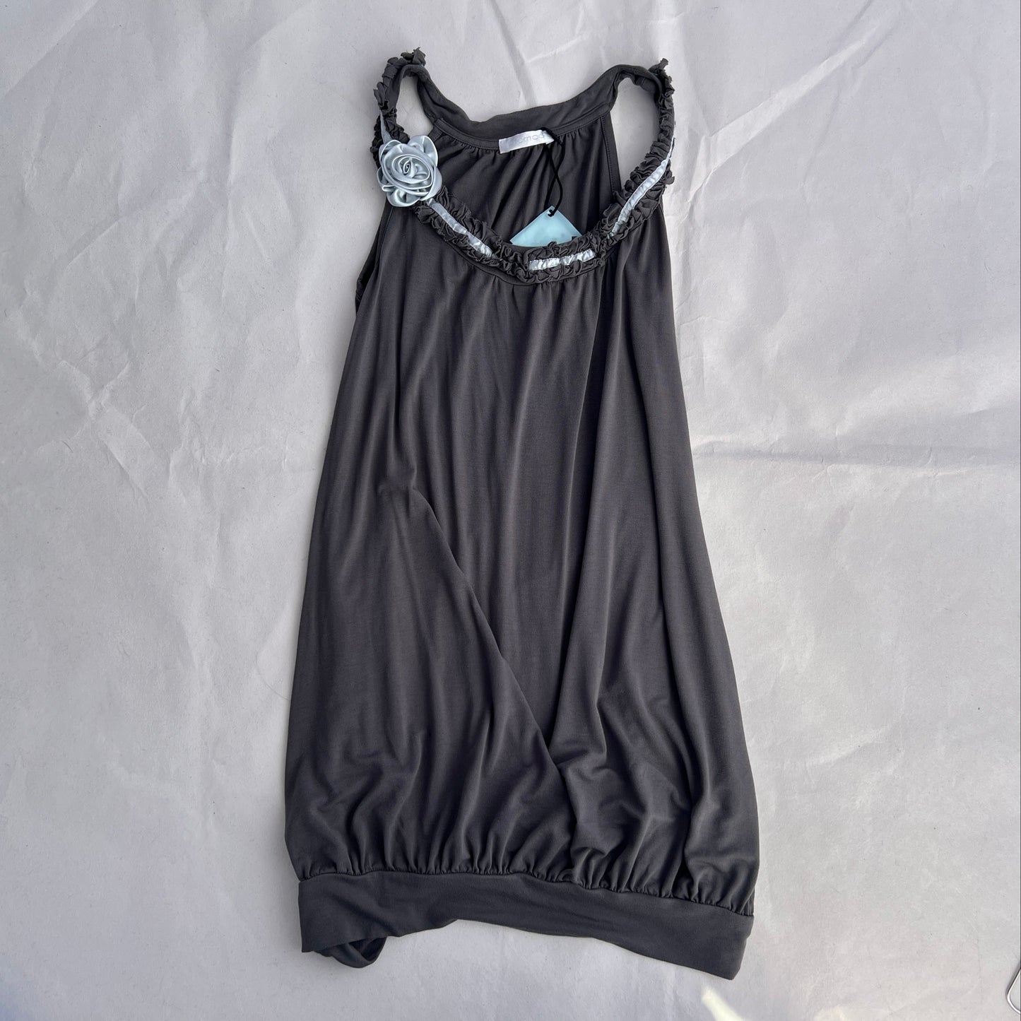 Promod Grey Romantic Balletcore Gathered Bubble Hem Ice Blue Rosette Tunic Dress