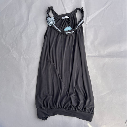 Promod Grey Romantic Balletcore Gathered Bubble Hem Ice Blue Rosette Tunic Dress