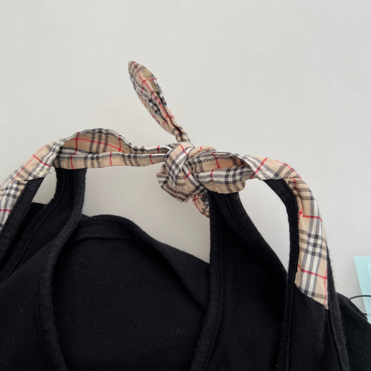 Black Burberry Blue Label Ruched Bust Halter Neck Ribbon Fitted Tank Top