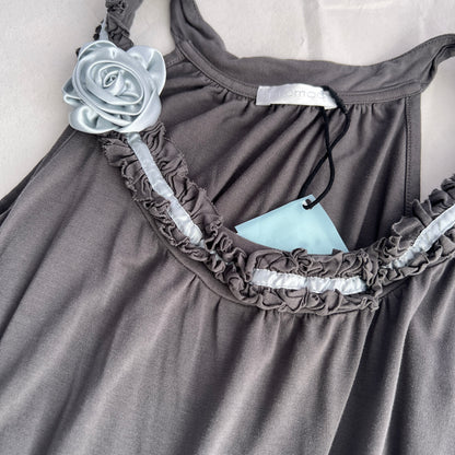 Promod Grey Romantic Balletcore Gathered Bubble Hem Ice Blue Rosette Tunic Dress