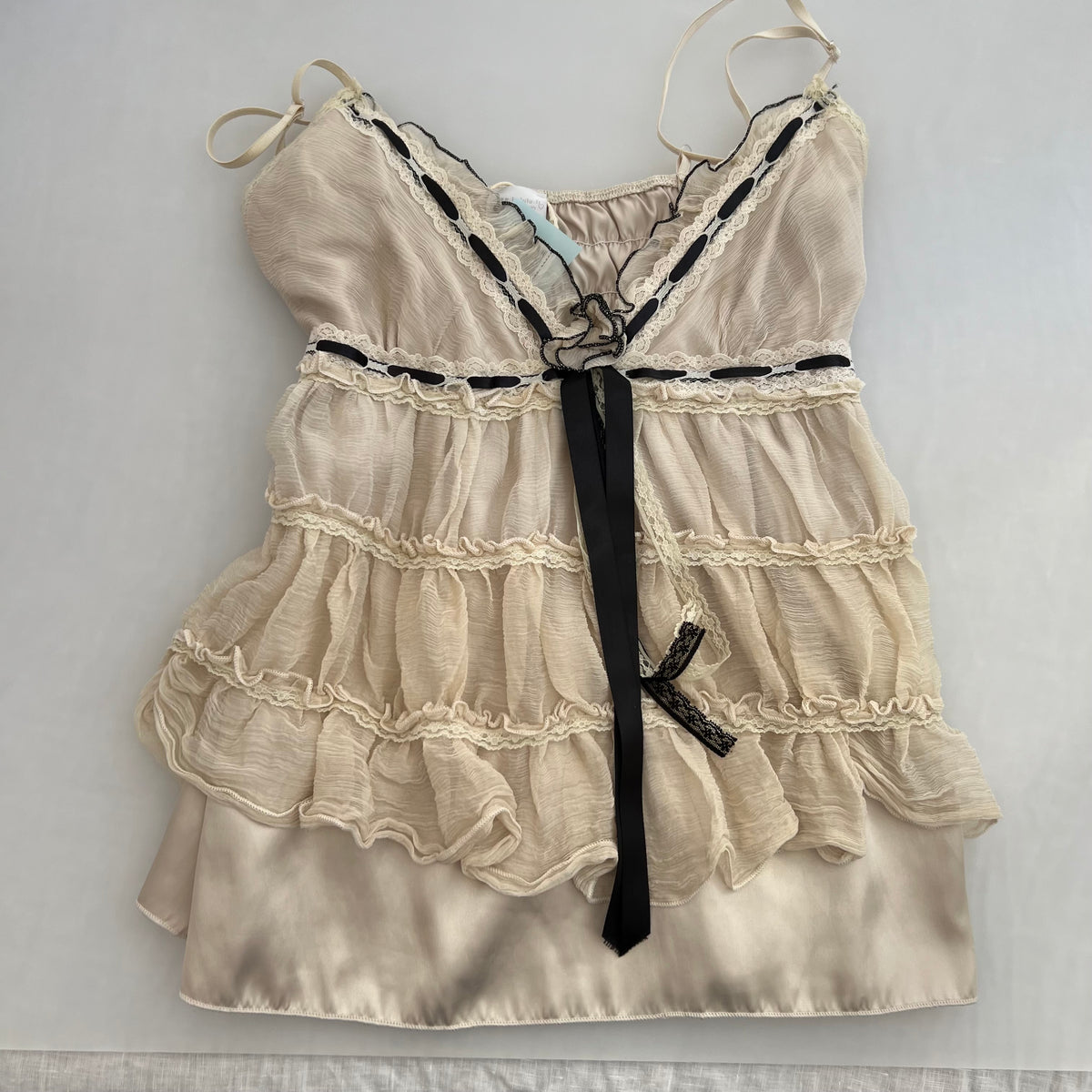 Lm Lulu Fairy Silk Beige Lace Ruffle Tiered Babydoll Camisole