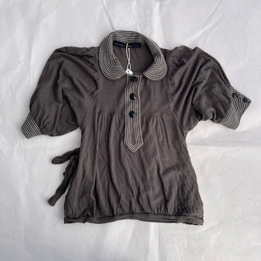 One Step Brown Wool Blend Striped Puff Sleeve Polo Knit