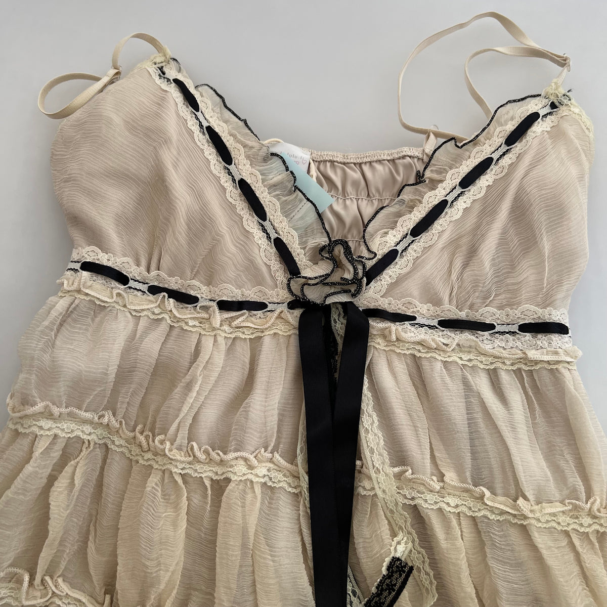 Lm Lulu Fairy Silk Beige Lace Ruffle Tiered Babydoll Camisole