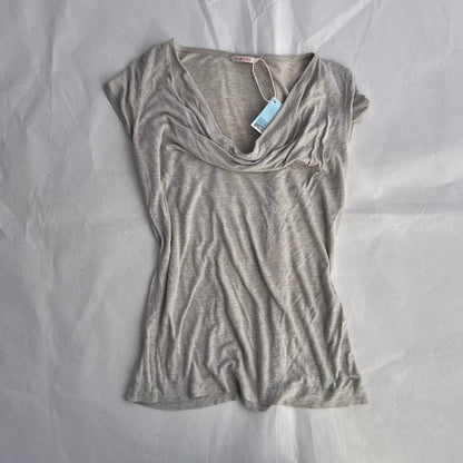 Camaieu Beige Speckled Draped Short Sleeve Blouse Top