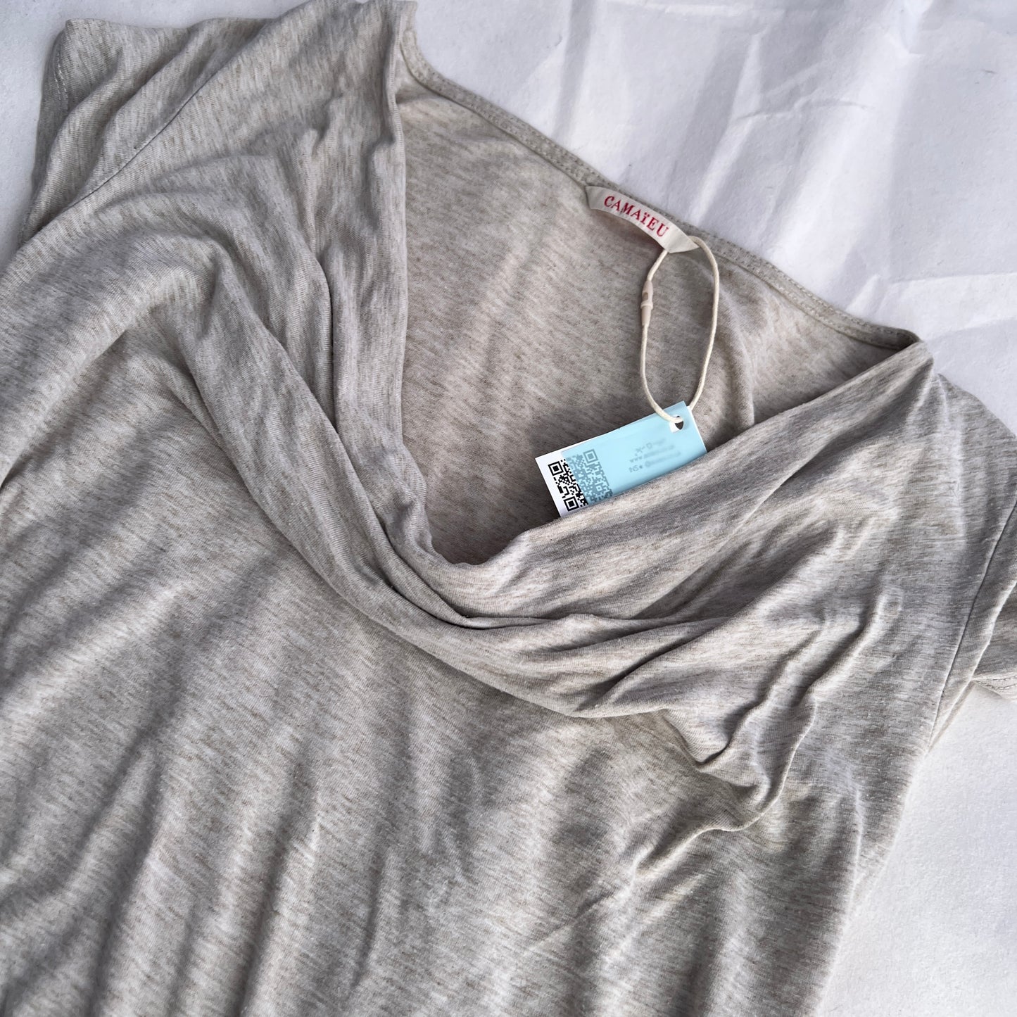 Camaieu Beige Speckled Draped Short Sleeve Blouse Top