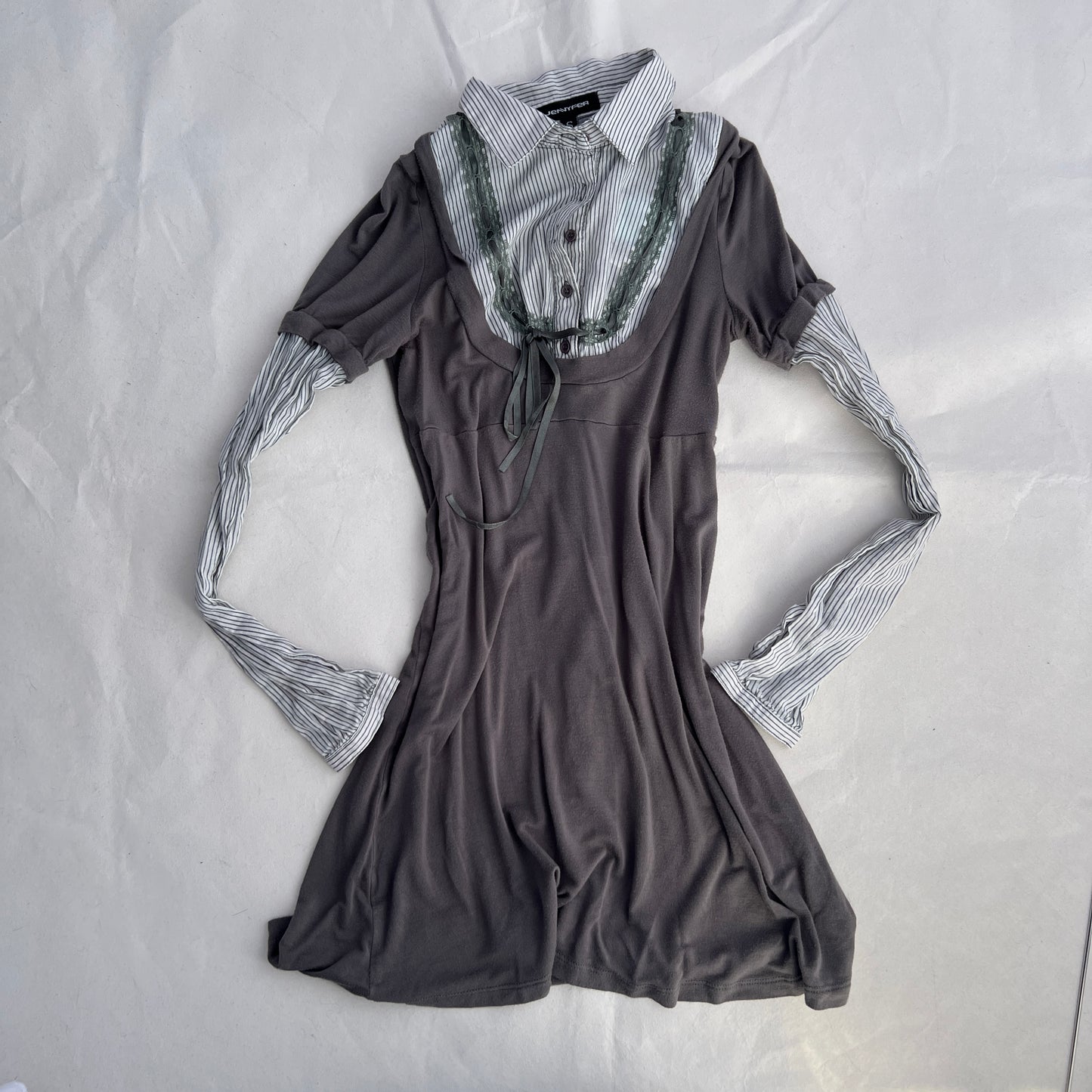 Grey Khaki Jennyfer Milkmaid Striped Lacey Collared Long Sleeve Blouse Two in One Dress