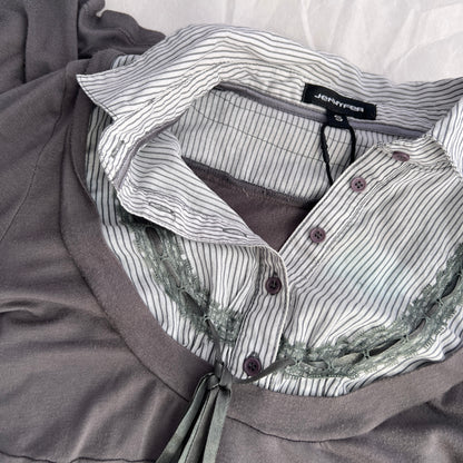 Grey Khaki Jennyfer Milkmaid Striped Lacey Collared Long Sleeve Blouse Two in One Dress