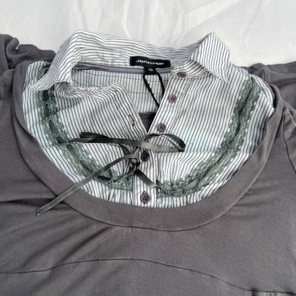 Grey Khaki Jennyfer Milkmaid Striped Lacey Collared Long Sleeve Blouse Two in One Dress