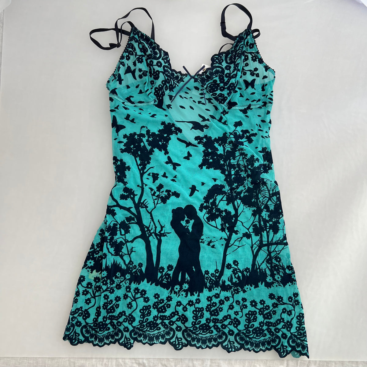 Nolita Turquoise Teal Black Lace Vintage Romantic Lace Detail Mini Dress