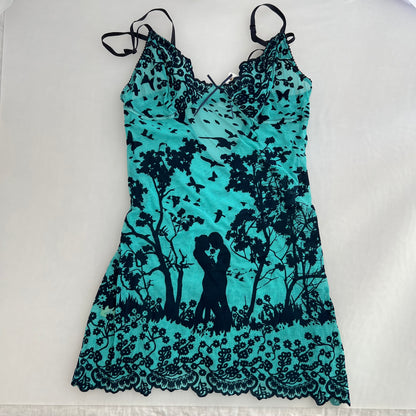 Nolita Turquoise Teal Black Lace Vintage Romantic Lace Detail Mini Dress