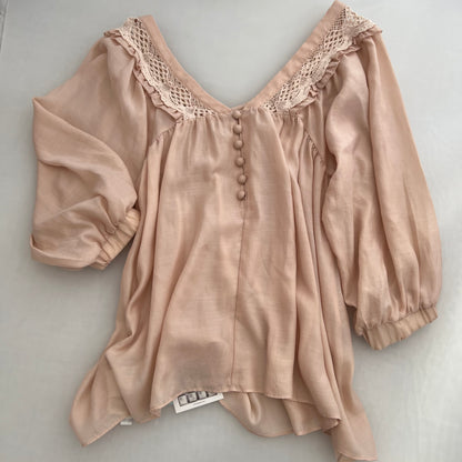 Jill Stuart Muted Pink Scallop Lace Peter Pan Collar Puff Sleeve Blouson Shirt