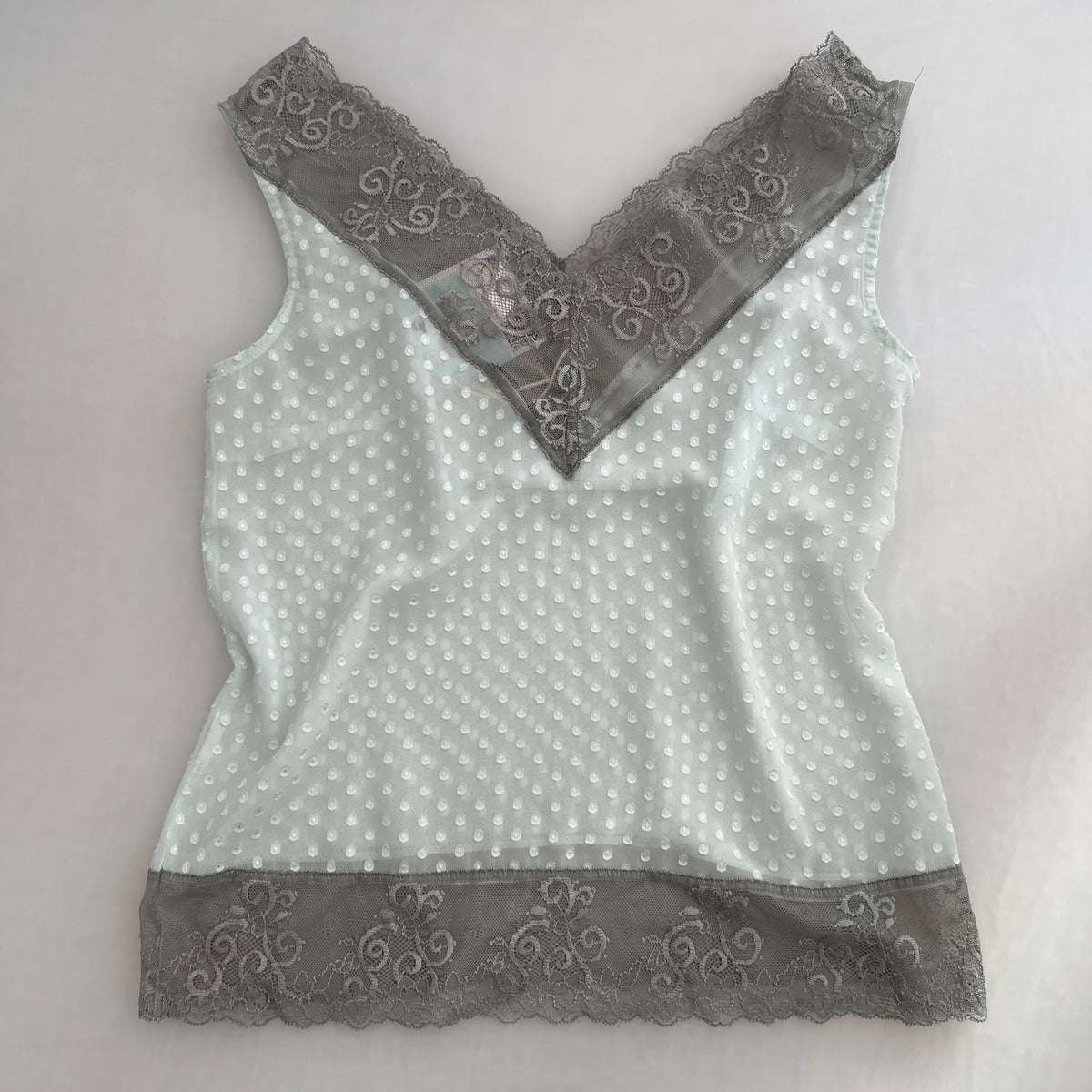 Sisley Light Blue Embossed Polka Dot Grey Lace Trim V Neck Blouse