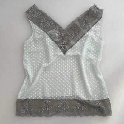 Sisley Light Blue Embossed Polka Dot Grey Lace Trim V Neck Blouse