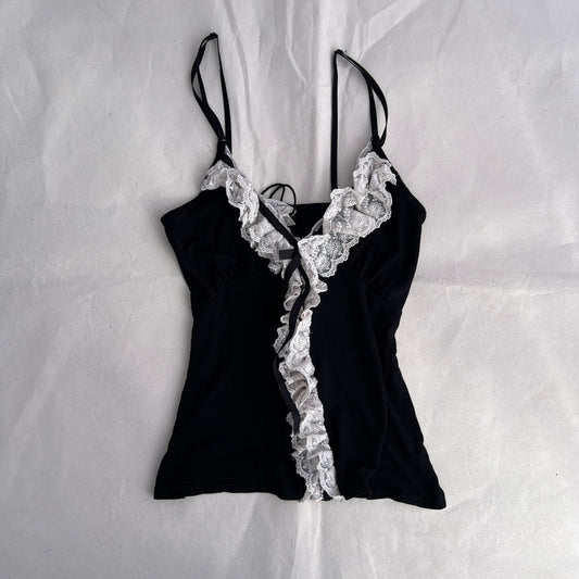 Jus D'Orange Romantic Black White Asymmetric Ruffle Lace Camisole