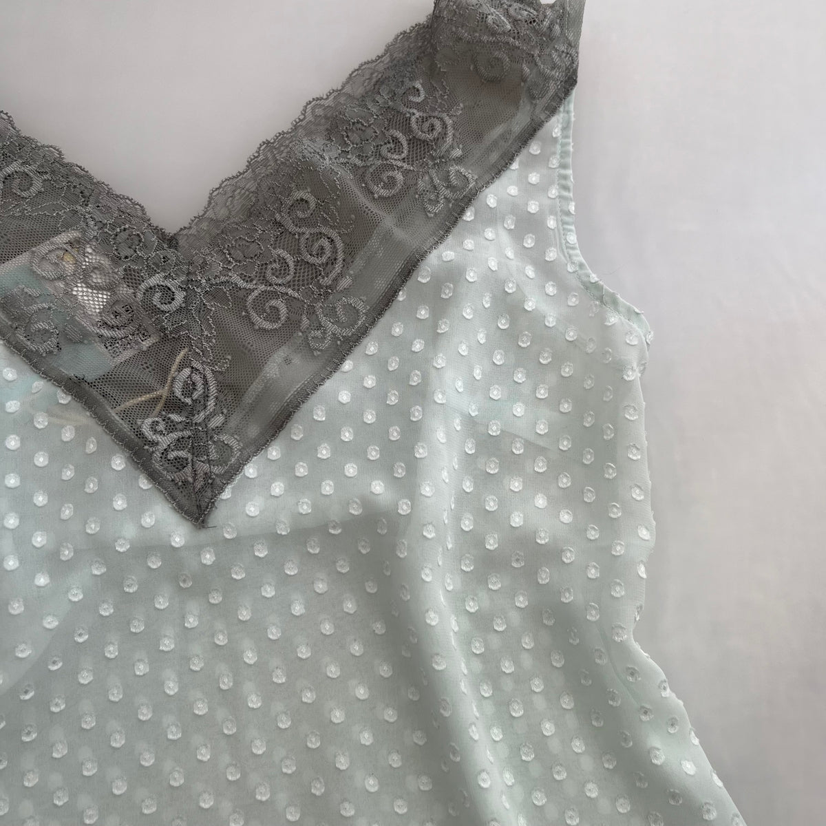 Sisley Light Blue Embossed Polka Dot Grey Lace Trim V Neck Blouse