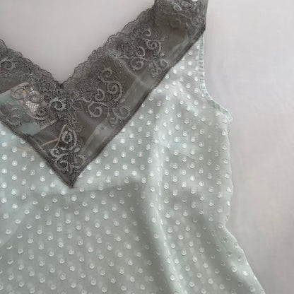 Sisley Light Blue Embossed Polka Dot Grey Lace Trim V Neck Blouse
