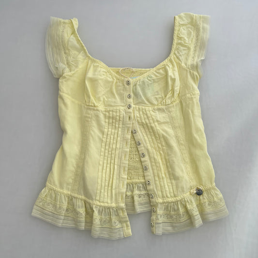 Guess Yellow Milkmaid Corset Ruffle Lace Trim Blouse