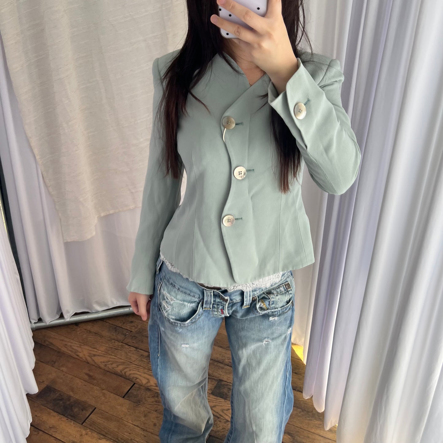 Empirio Armani Mint Turquoise Asymmetric Button Blazer Jacket