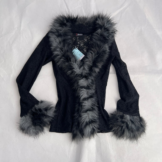 Gothic Black Lacey Morgan De Toi Fitted Faux Fur Trim Hook and Eye Cardigan Top