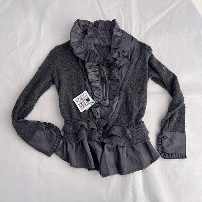 Fantasie Purple Grey Wool Blend High Neck Ruffle Collar Satin Blouse Knit Cardigan Two in One Top