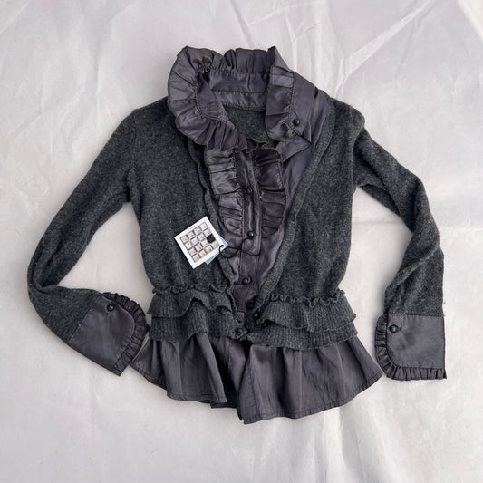 Fantasie Purple Grey Wool Blend High Neck Ruffle Collar Satin Blouse Knit Cardigan Two in One Top