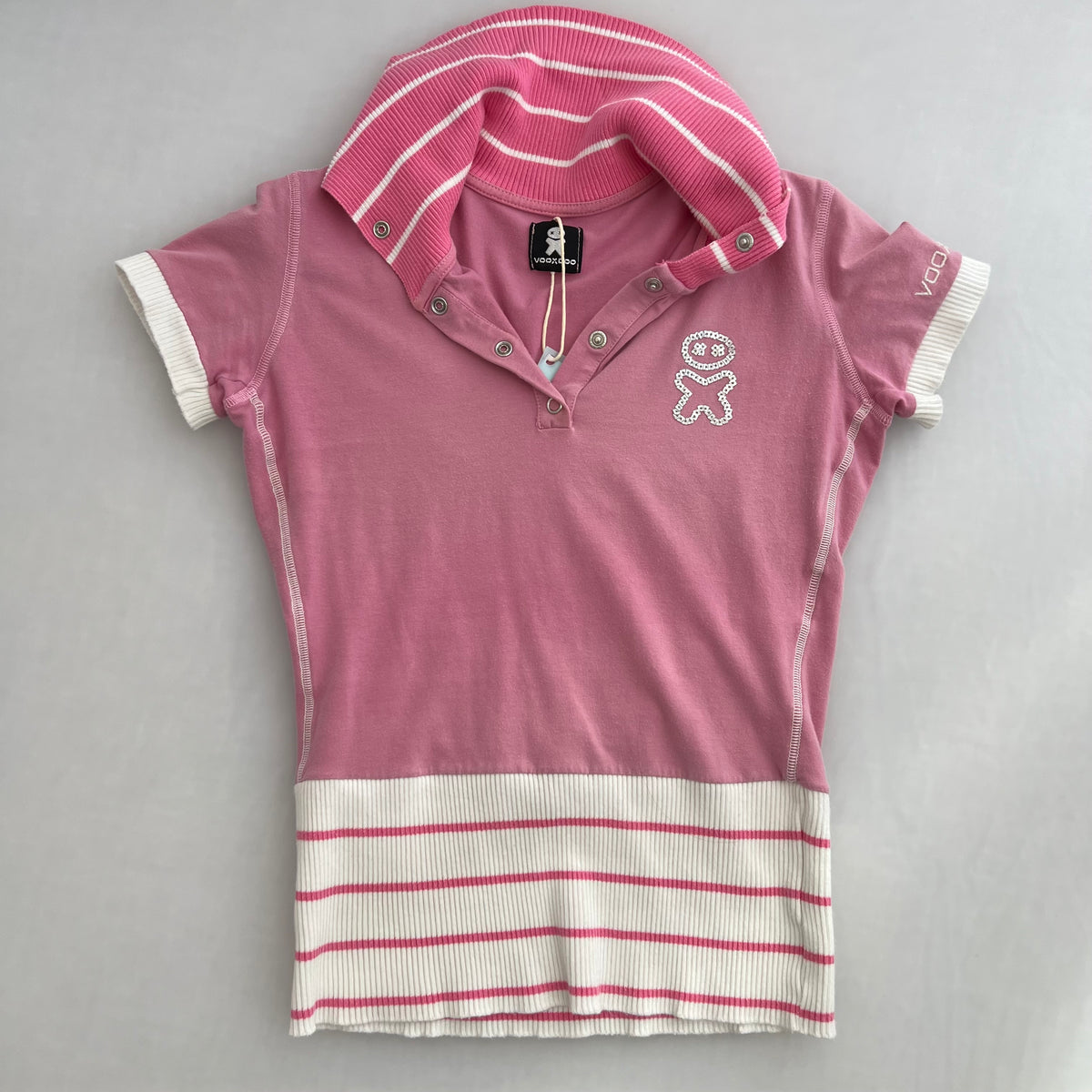 Voodoo Candy Pink Striped 1/4 Button Sporty Polo Shirt