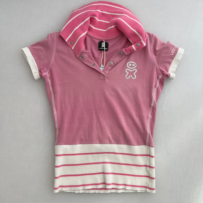 Voodoo Candy Pink Striped 1/4 Button Sporty Polo Shirt