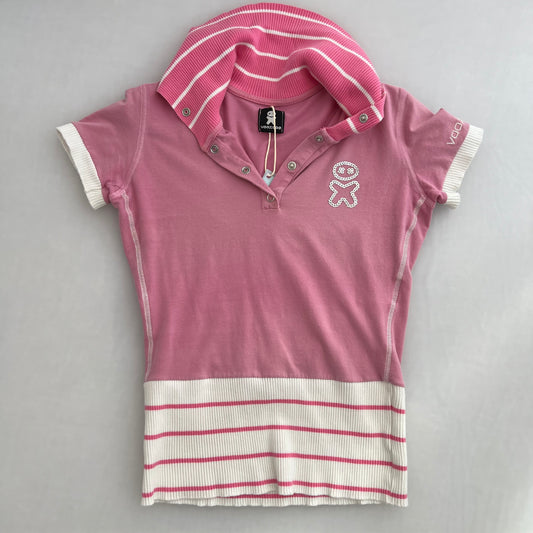 Voodoo Candy Pink Striped 1/4 Button Sporty Polo Shirt