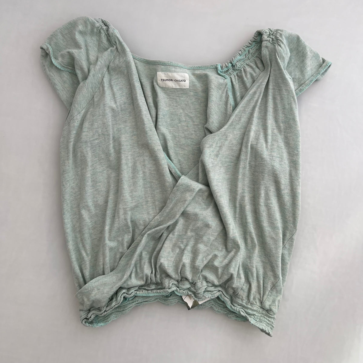 Tsumori Chisato Cotton Cashmere Mint Green Shirred Draped Wrap Style Blouson Shirt