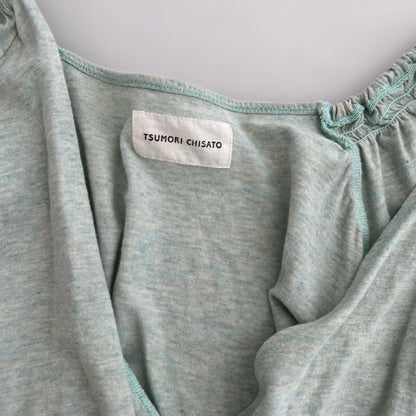 Tsumori Chisato Cotton Cashmere Mint Green Shirred Draped Wrap Style Blouson Shirt
