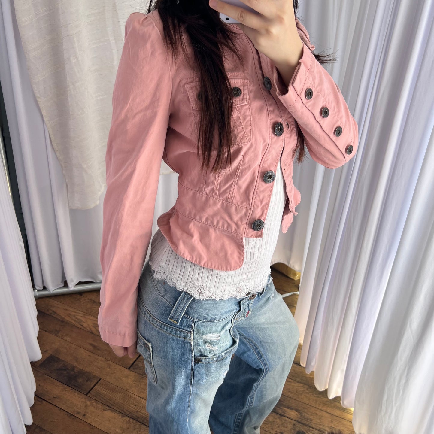 Guess Dusty Pink Long Sleeve Frill Hem High Neck Jacket