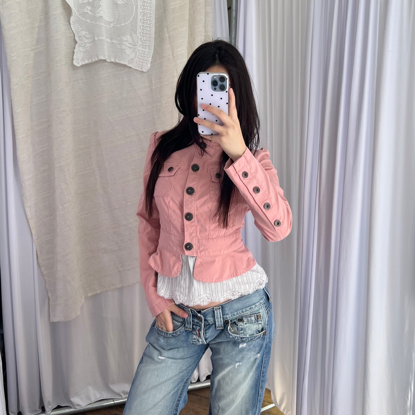 Guess Dusty Pink Long Sleeve Frill Hem High Neck Jacket