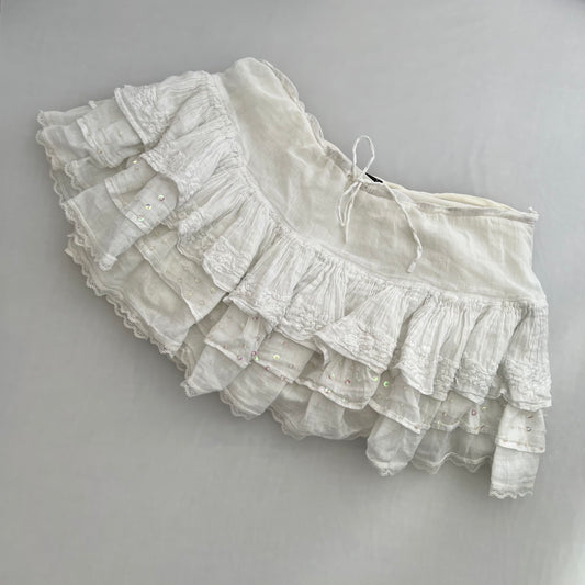 Twin Set Romantic Drop Waist White Cotton Ruffle Mini Skirt