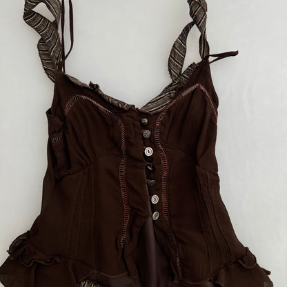 Rinascimento Brown Asymmetric Layered Striped Mix Button Camisole