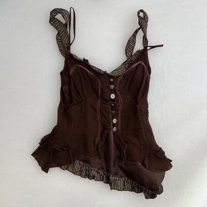 Rinascimento Brown Asymmetric Layered Striped Mix Button Camisole
